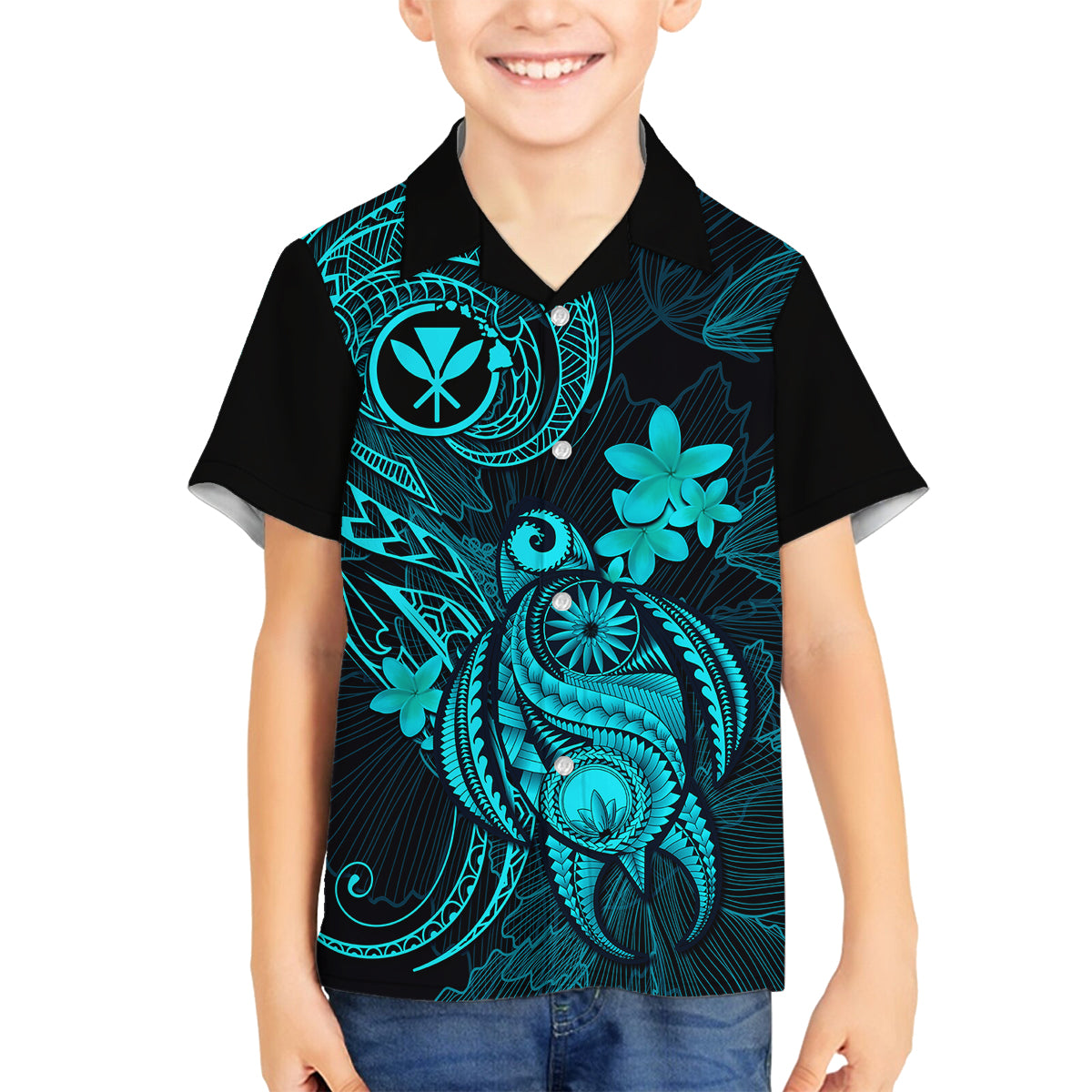 hawaii-kid-hawaiian-shirt-turtle-mix-polynesian-plumeria-turquoise-version