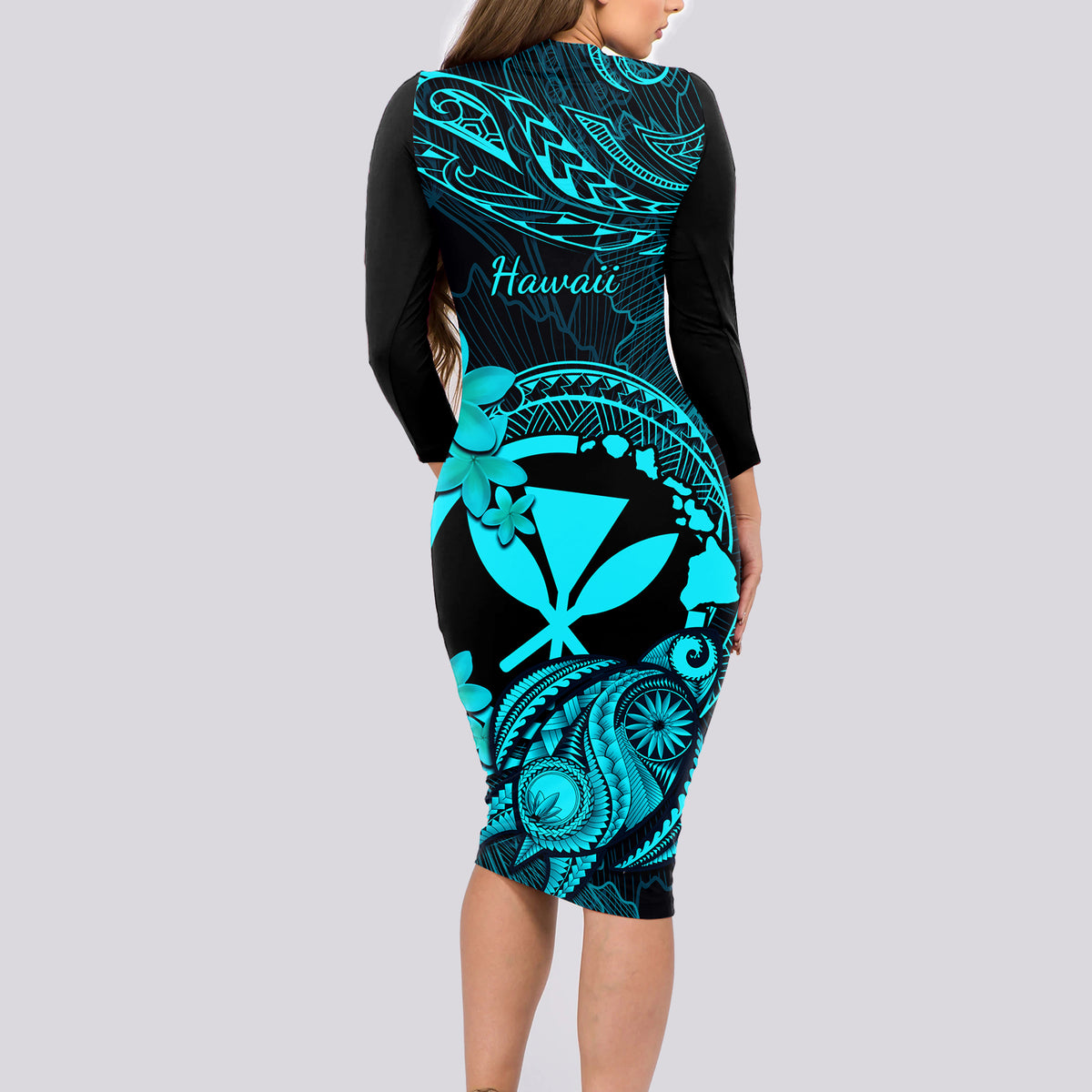 hawaii-long-sleeve-bodycon-dress-turtle-mix-polynesian-plumeria-turquoise-version
