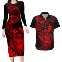 Hawaii Couples Matching Long Sleeve Bodycon Dress and Hawaiian Shirt Turtle Mix Polynesian Plumeria Red Version LT14 Red - Polynesian Pride