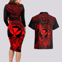 Hawaii Couples Matching Long Sleeve Bodycon Dress and Hawaiian Shirt Turtle Mix Polynesian Plumeria Red Version LT14 - Polynesian Pride