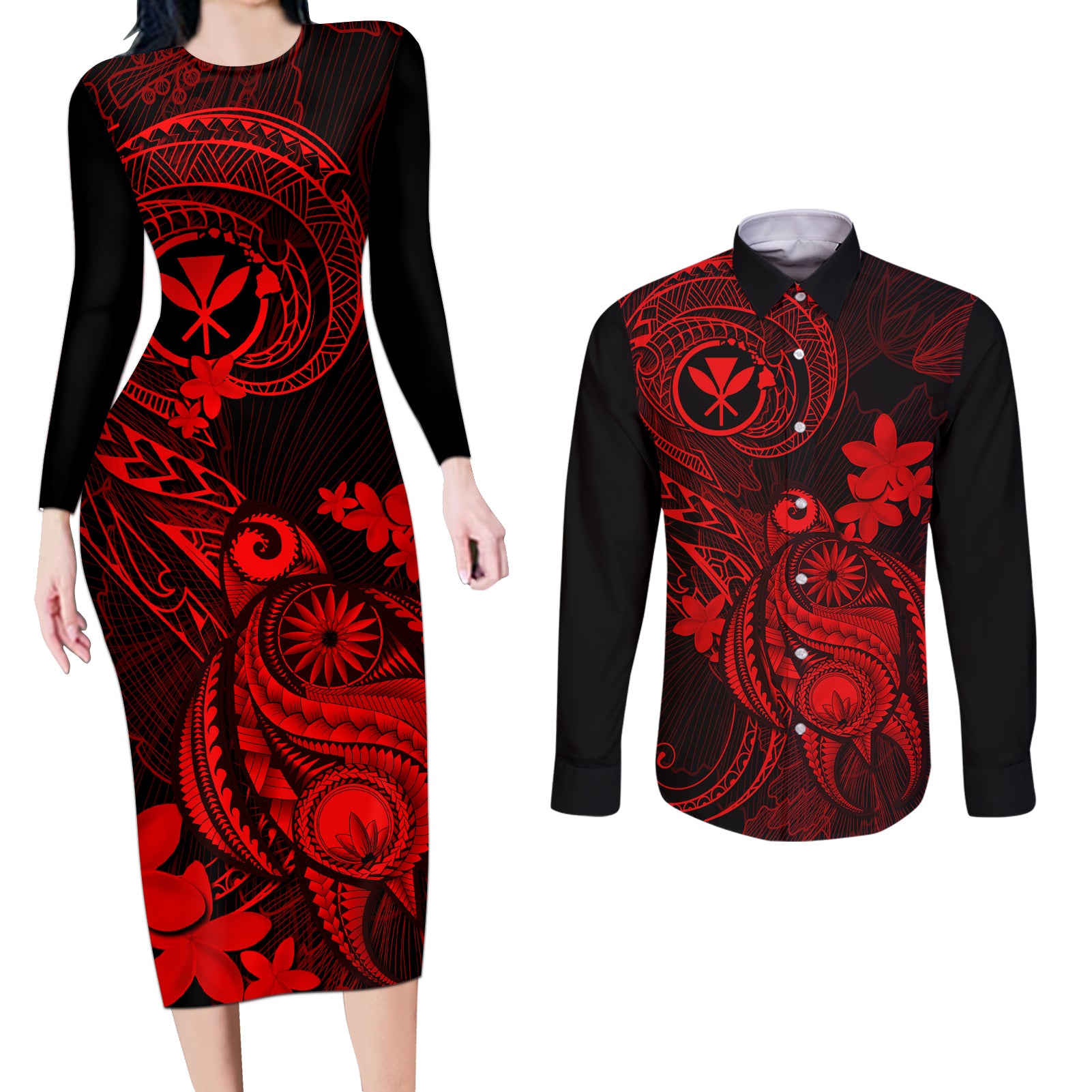 hawaii-couples-matching-long-sleeve-bodycon-dress-and-long-sleeve-button-shirts-turtle-mix-polynesian-plumeria-red-version