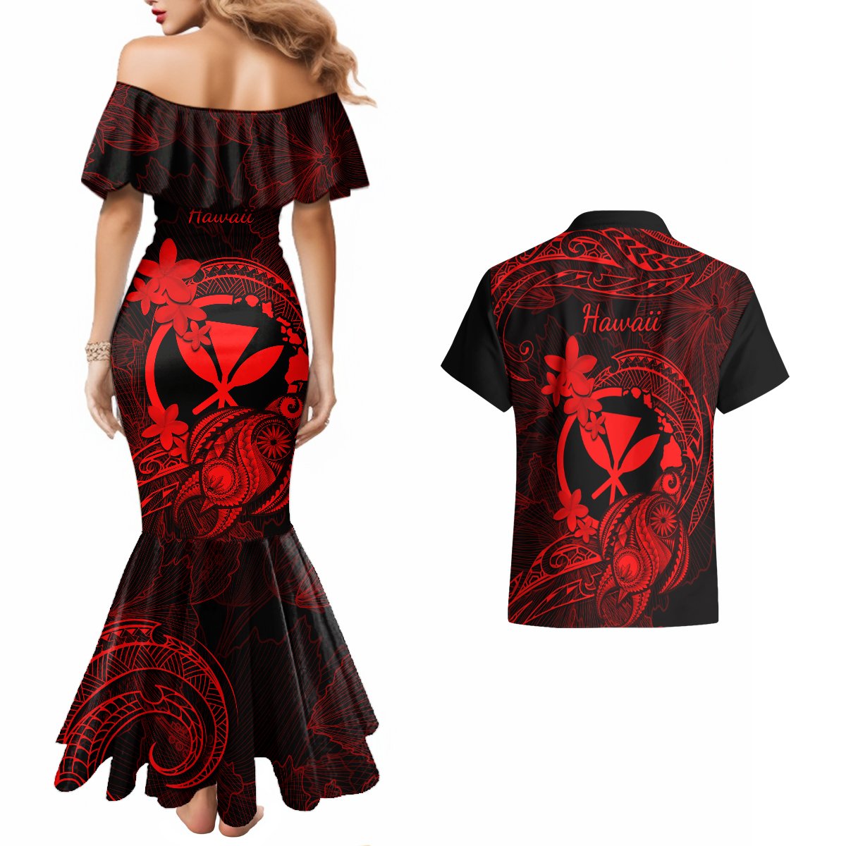 hawaii-couples-matching-mermaid-dress-and-hawaiian-shirt-turtle-mix-polynesian-plumeria-red-version