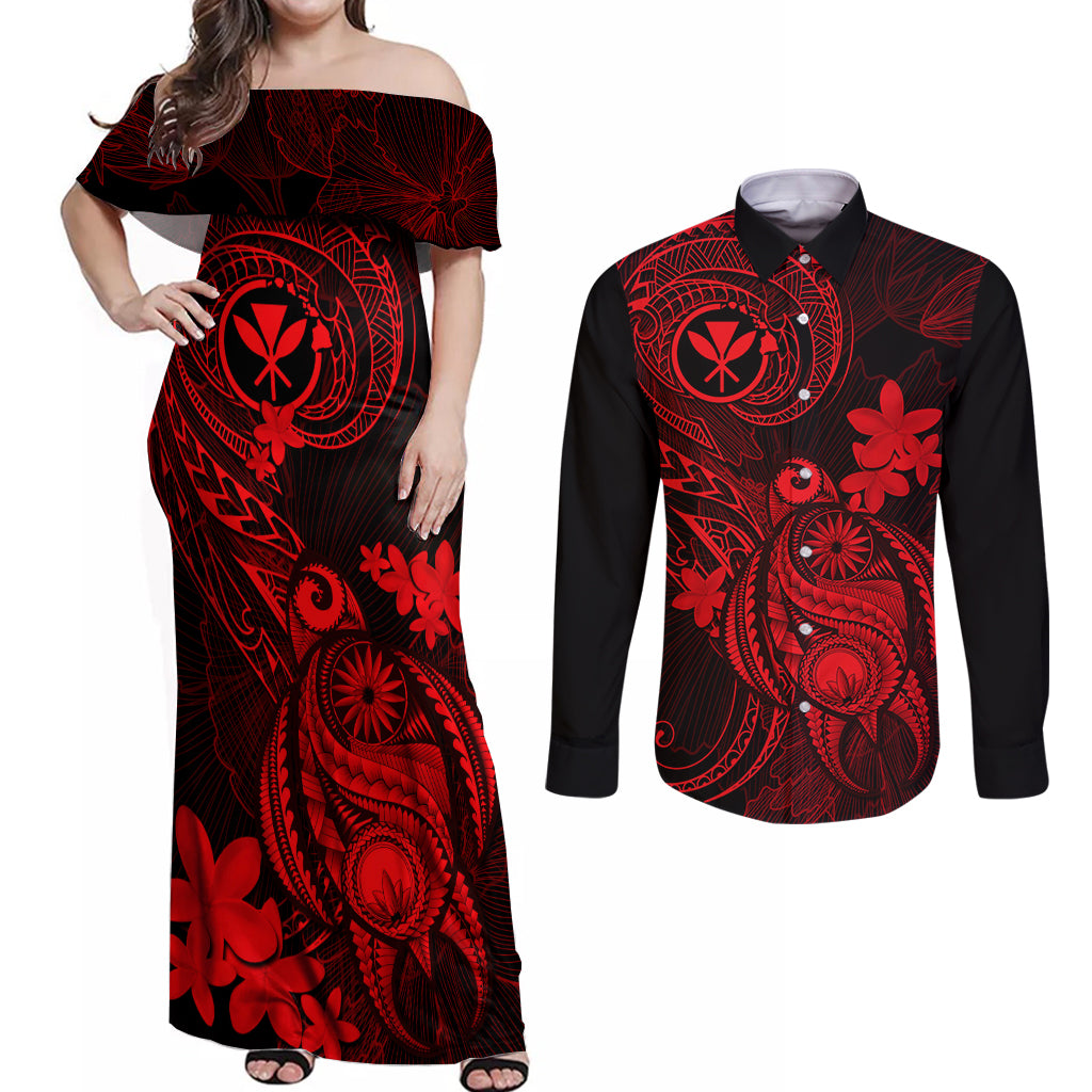 hawaii-couples-matching-off-shoulder-maxi-dress-and-long-sleeve-button-shirts-turtle-mix-polynesian-plumeria-red-version