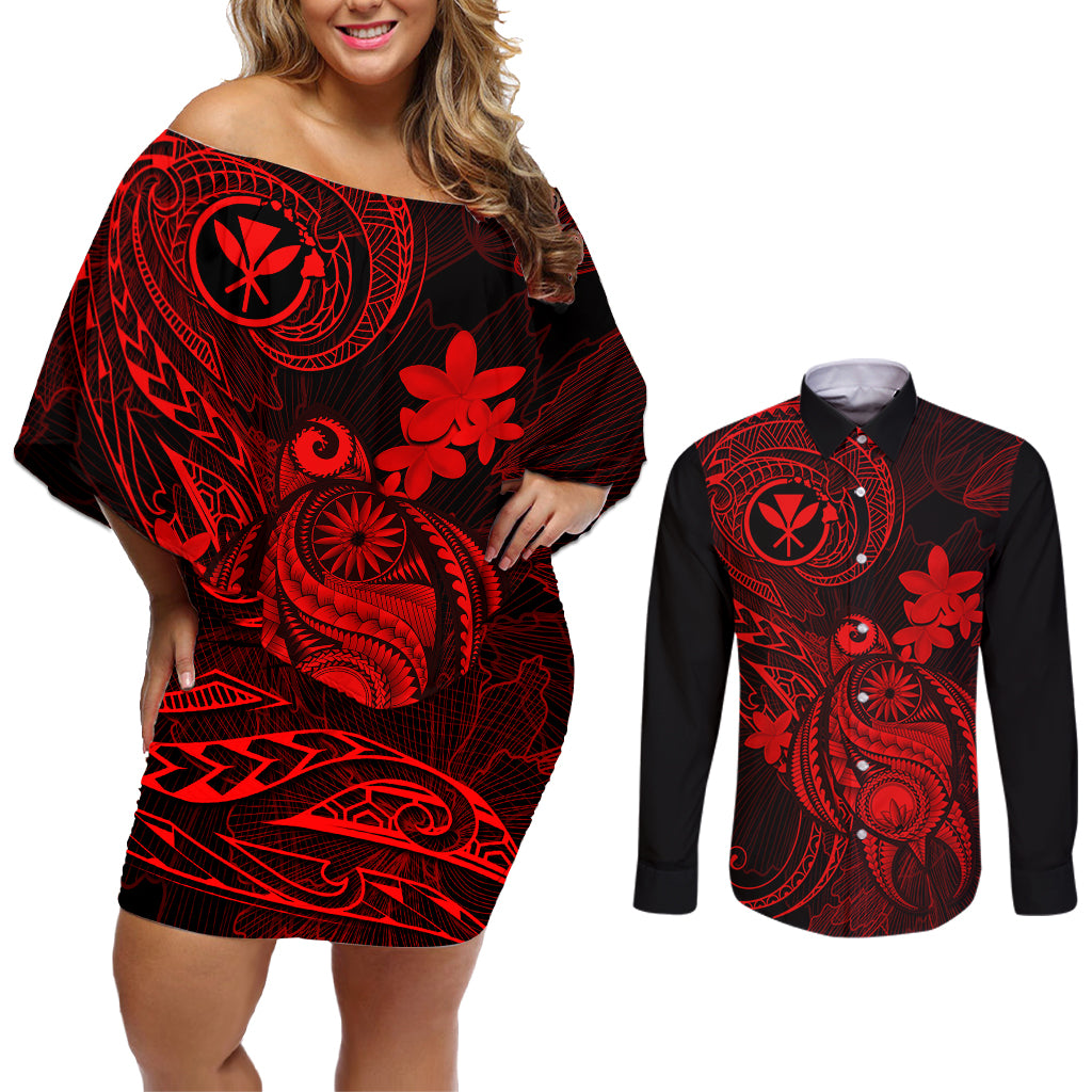 hawaii-couples-matching-off-shoulder-short-dress-and-long-sleeve-button-shirts-turtle-mix-polynesian-plumeria-red-version