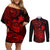 hawaii-couples-matching-off-shoulder-short-dress-and-long-sleeve-button-shirts-turtle-mix-polynesian-plumeria-red-version
