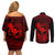 hawaii-couples-matching-off-shoulder-short-dress-and-long-sleeve-button-shirts-turtle-mix-polynesian-plumeria-red-version