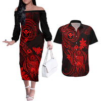 hawaii-couples-matching-off-the-shoulder-long-sleeve-dress-and-hawaiian-shirt-turtle-mix-polynesian-plumeria-red-version