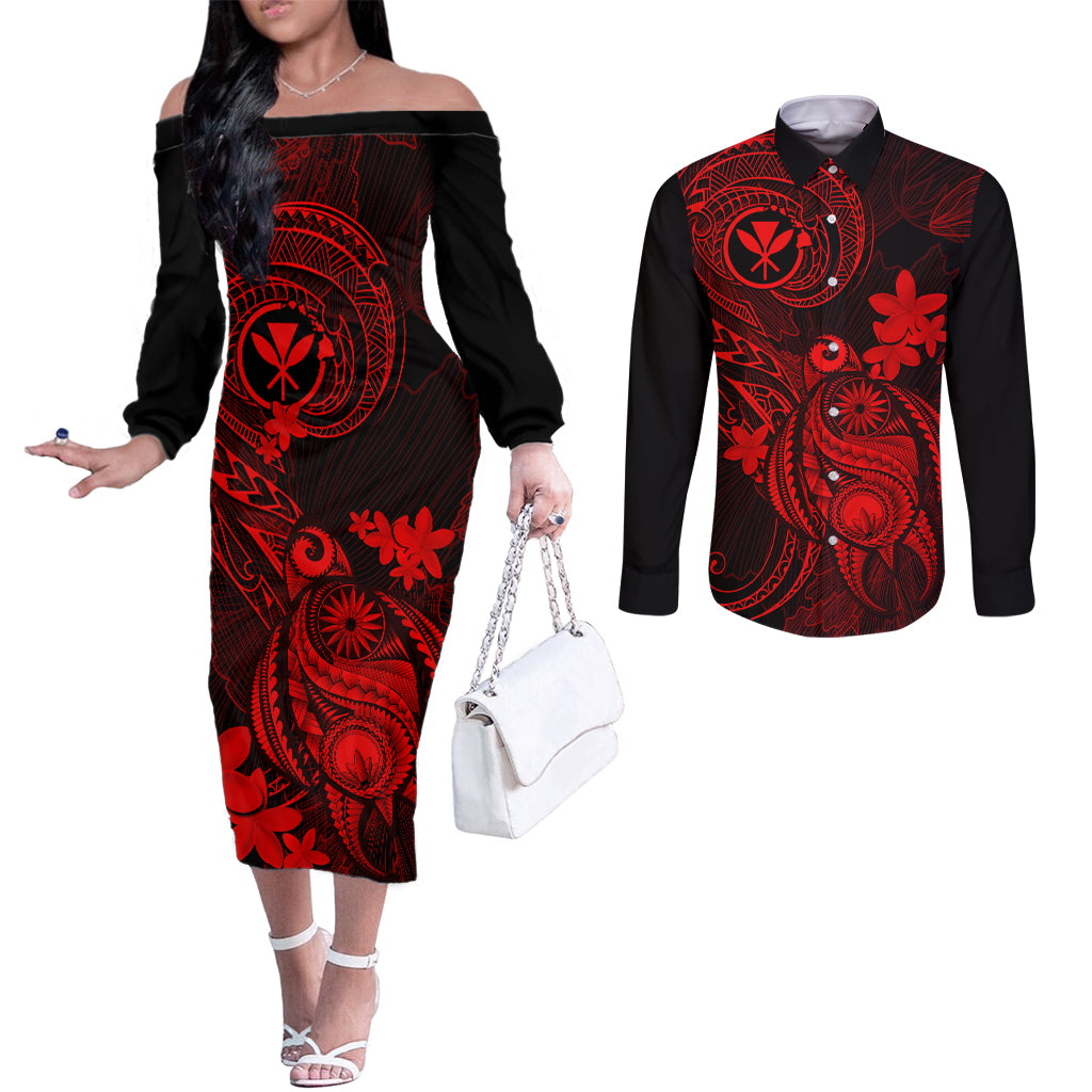 hawaii-couples-matching-off-the-shoulder-long-sleeve-dress-and-long-sleeve-button-shirts-turtle-mix-polynesian-plumeria-red-version