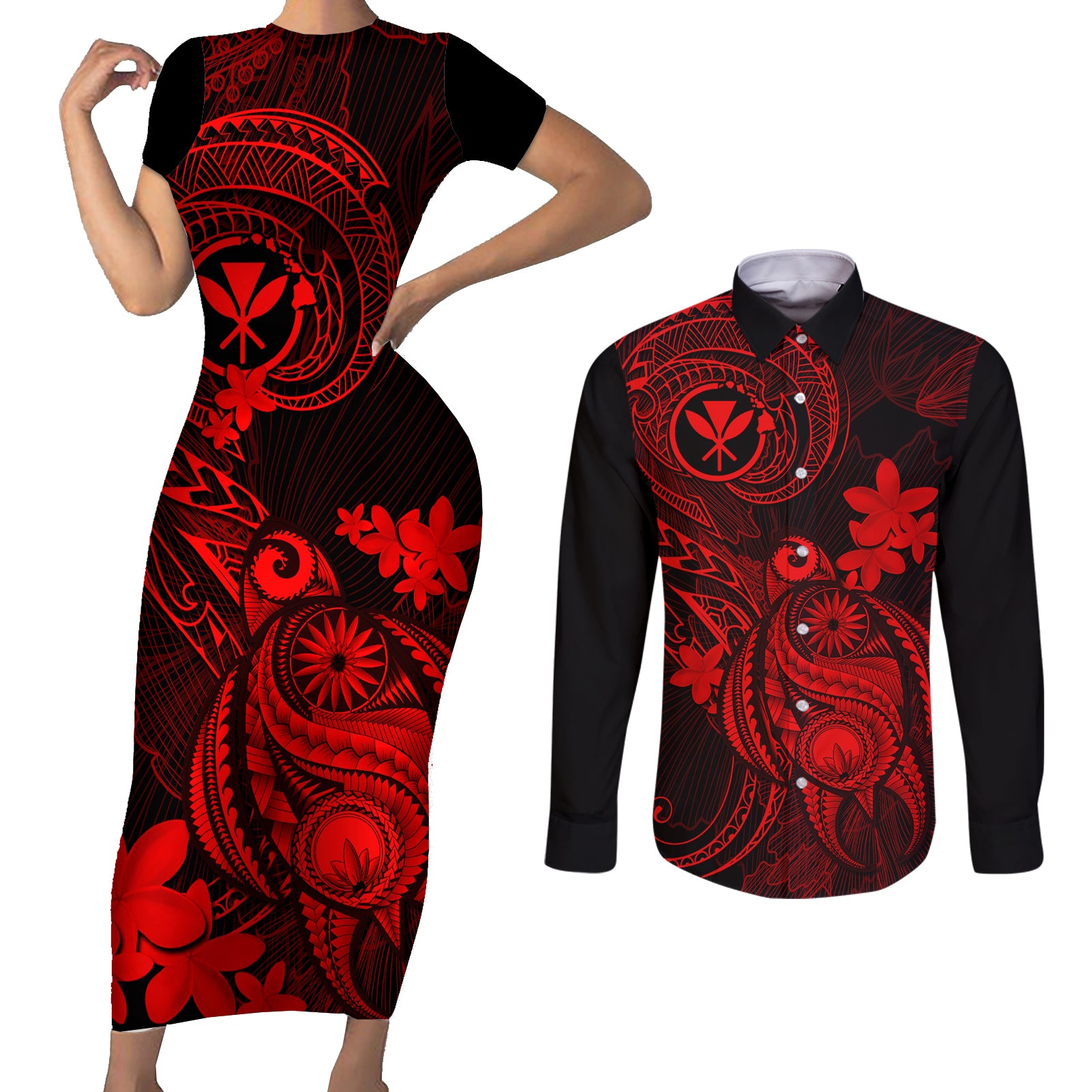 hawaii-couples-matching-short-sleeve-bodycon-dress-and-long-sleeve-button-shirts-turtle-mix-polynesian-plumeria-red-version