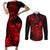 hawaii-couples-matching-short-sleeve-bodycon-dress-and-long-sleeve-button-shirts-turtle-mix-polynesian-plumeria-red-version
