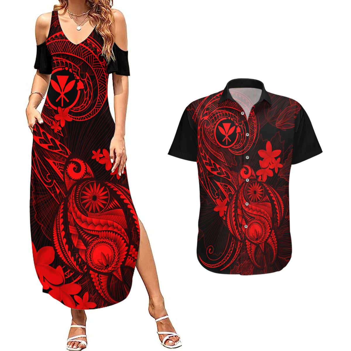 hawaii-couples-matching-summer-maxi-dress-and-hawaiian-shirt-turtle-mix-polynesian-plumeria-red-version