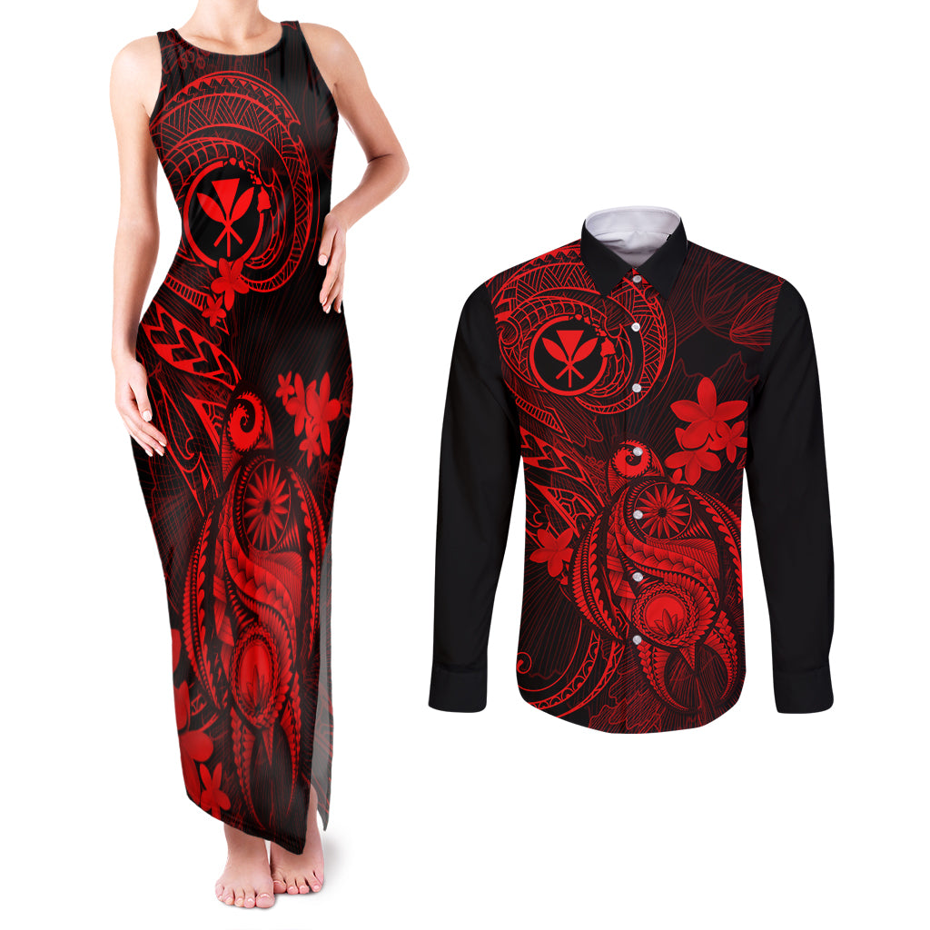 hawaii-couples-matching-tank-maxi-dress-and-long-sleeve-button-shirts-turtle-mix-polynesian-plumeria-red-version
