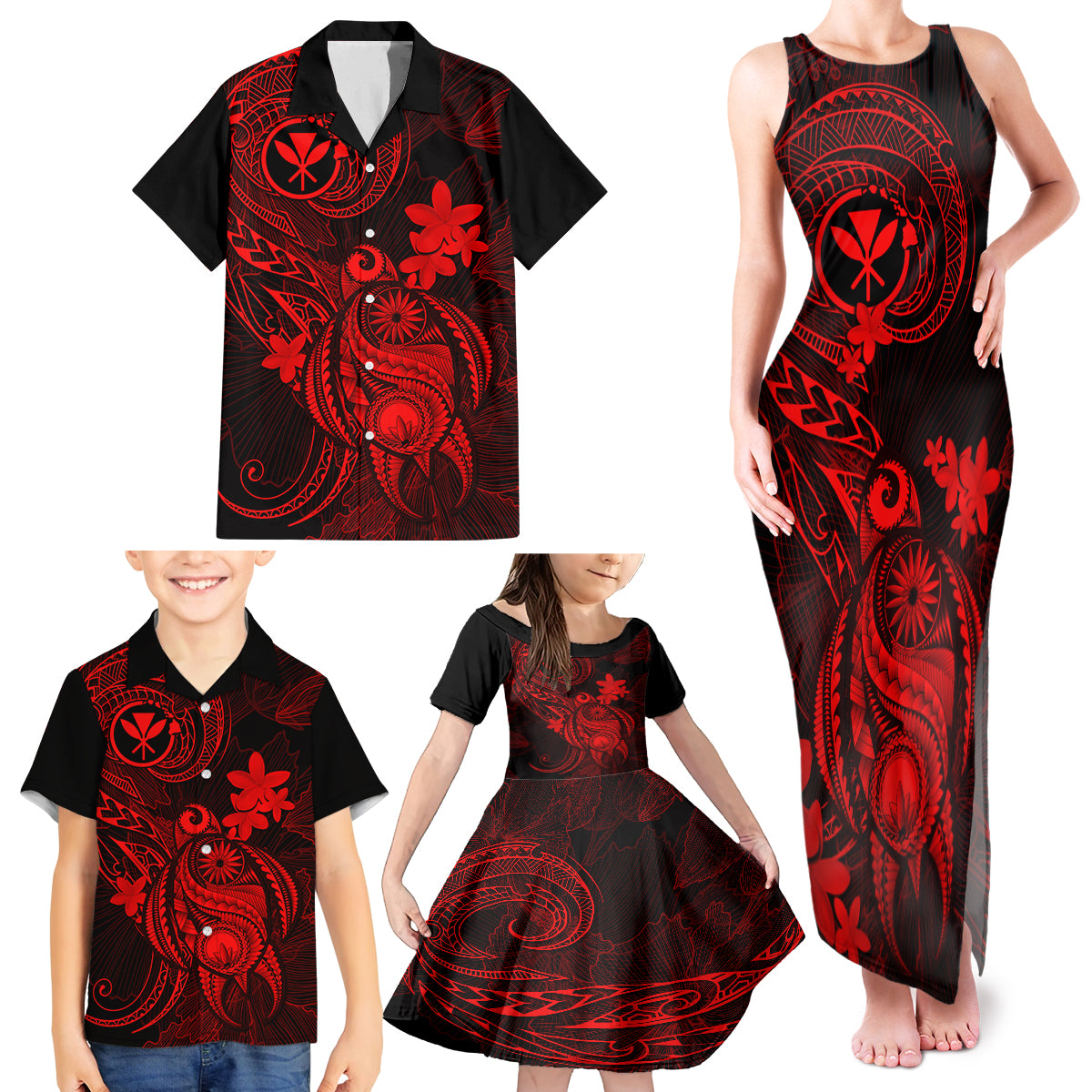 Hawaii Family Matching Tank Maxi Dress and Hawaiian Shirt Turtle Mix Polynesian Plumeria Red Version LT14 - Polynesian Pride