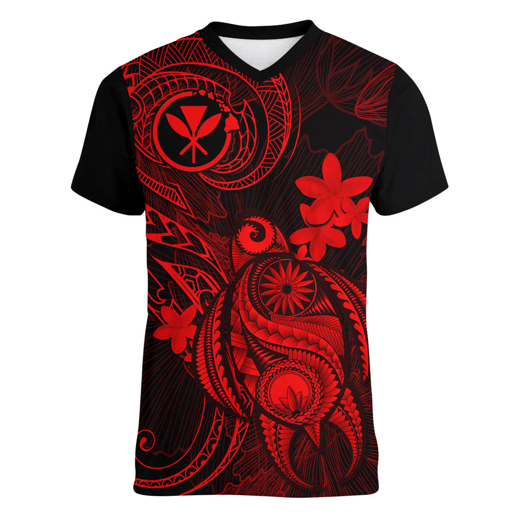 hawaii-women-v-neck-t-shirt-turtle-mix-polynesian-plumeria-red-version