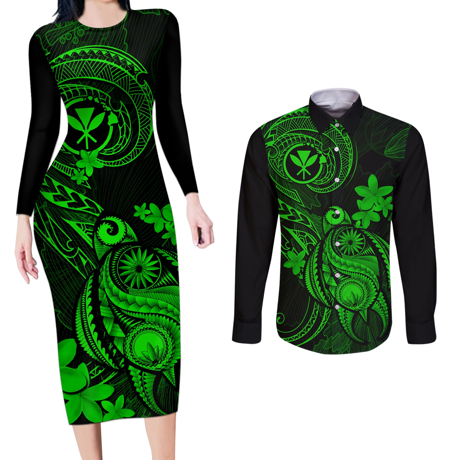 hawaii-couples-matching-long-sleeve-bodycon-dress-and-long-sleeve-button-shirts-turtle-mix-polynesian-plumeria-green-version