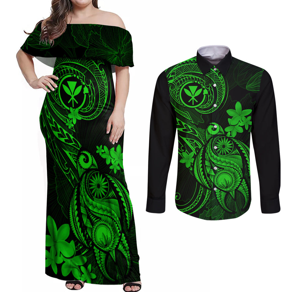 hawaii-couples-matching-off-shoulder-maxi-dress-and-long-sleeve-button-shirts-turtle-mix-polynesian-plumeria-green-version