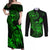 hawaii-couples-matching-off-shoulder-maxi-dress-and-long-sleeve-button-shirts-turtle-mix-polynesian-plumeria-green-version