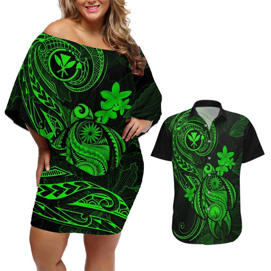 Hawaii Couples Matching Off Shoulder Short Dress and Hawaiian Shirt Turtle Mix Polynesian Plumeria Green Version LT14 Green - Polynesian Pride