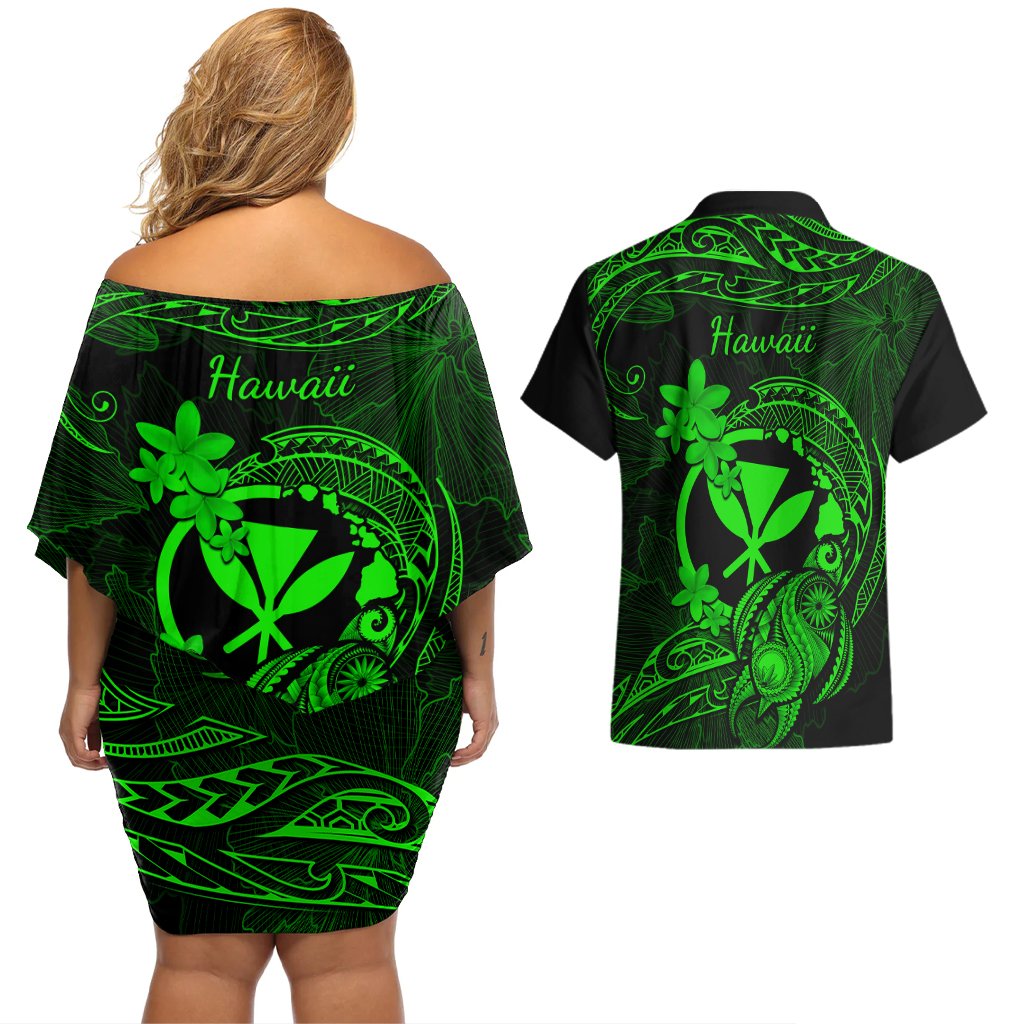 Hawaii Couples Matching Off Shoulder Short Dress and Hawaiian Shirt Turtle Mix Polynesian Plumeria Green Version LT14 - Polynesian Pride