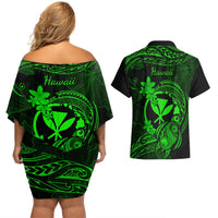 Hawaii Couples Matching Off Shoulder Short Dress and Hawaiian Shirt Turtle Mix Polynesian Plumeria Green Version LT14 - Polynesian Pride