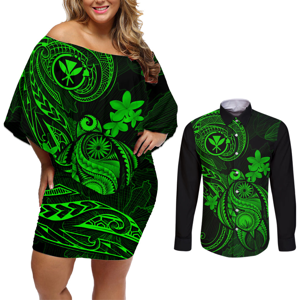 hawaii-couples-matching-off-shoulder-short-dress-and-long-sleeve-button-shirts-turtle-mix-polynesian-plumeria-green-version