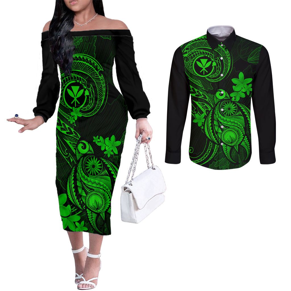 Hawaii Couples Matching Off The Shoulder Long Sleeve Dress and Long Sleeve Button Shirts Turtle Mix Polynesian Plumeria Green Version LT14 Green - Polynesian Pride