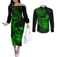 Hawaii Couples Matching Off The Shoulder Long Sleeve Dress and Long Sleeve Button Shirts Turtle Mix Polynesian Plumeria Green Version LT14 Green - Polynesian Pride