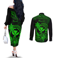 Hawaii Couples Matching Off The Shoulder Long Sleeve Dress and Long Sleeve Button Shirts Turtle Mix Polynesian Plumeria Green Version LT14 - Polynesian Pride