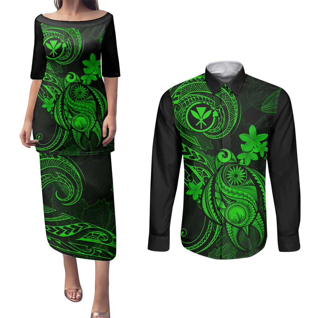 hawaii-couples-matching-puletasi-dress-and-long-sleeve-button-shirts-turtle-mix-polynesian-plumeria-green-version