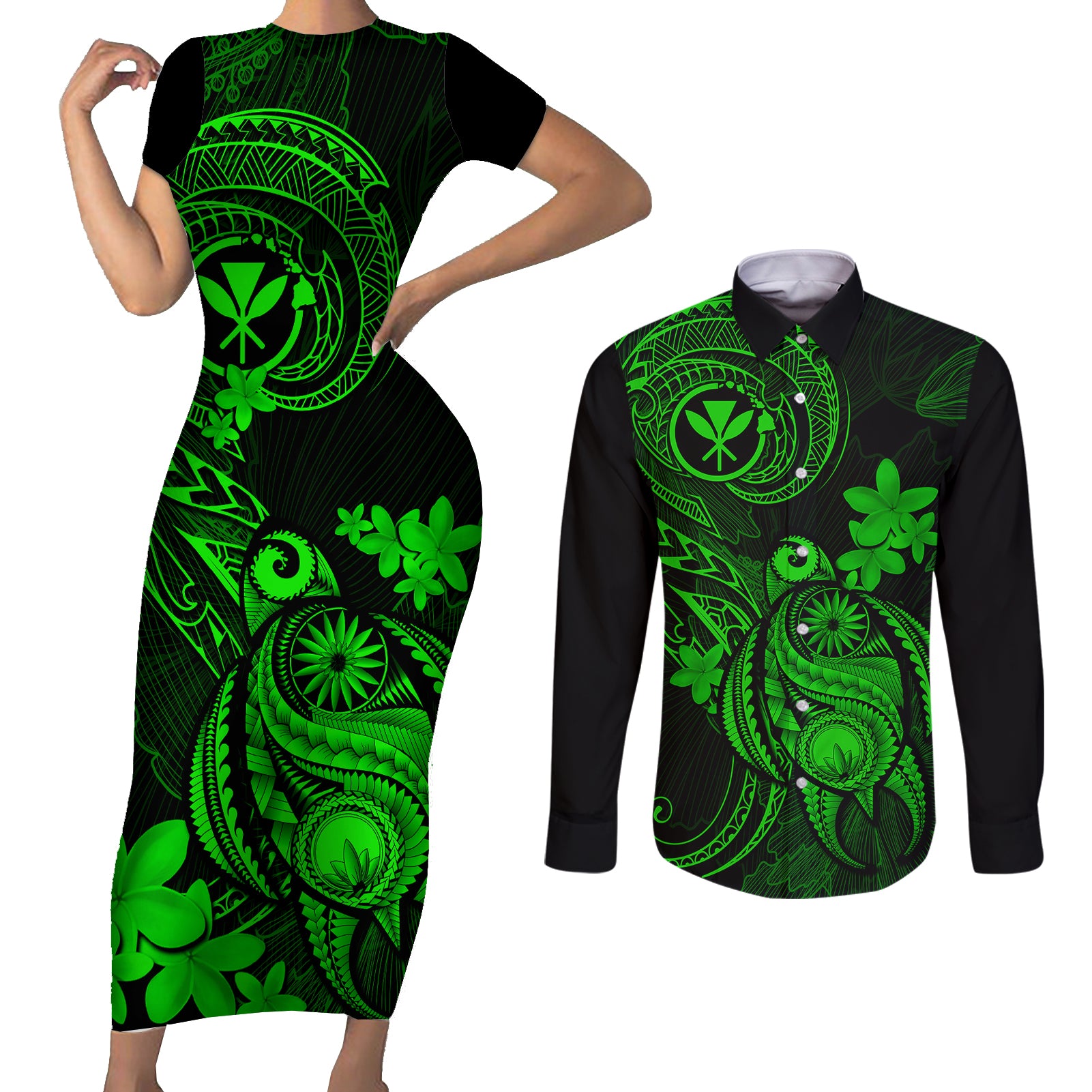 hawaii-couples-matching-short-sleeve-bodycon-dress-and-long-sleeve-button-shirts-turtle-mix-polynesian-plumeria-green-version