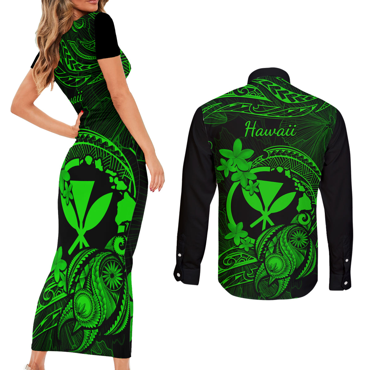 hawaii-couples-matching-short-sleeve-bodycon-dress-and-long-sleeve-button-shirts-turtle-mix-polynesian-plumeria-green-version