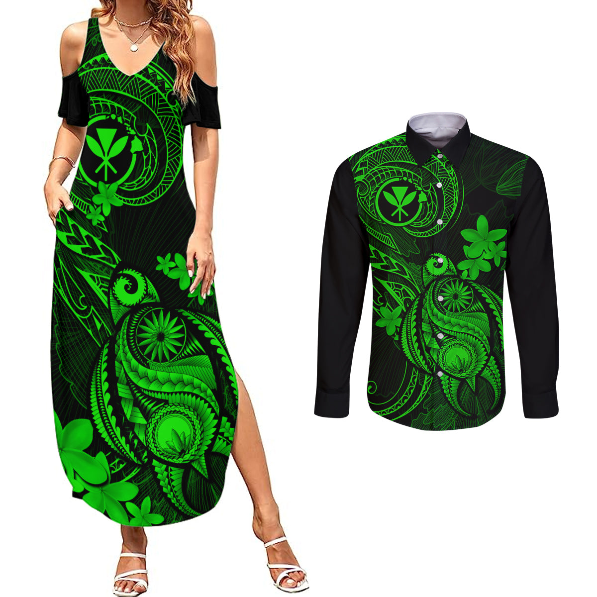 hawaii-couples-matching-summer-maxi-dress-and-long-sleeve-button-shirts-turtle-mix-polynesian-plumeria-green-version
