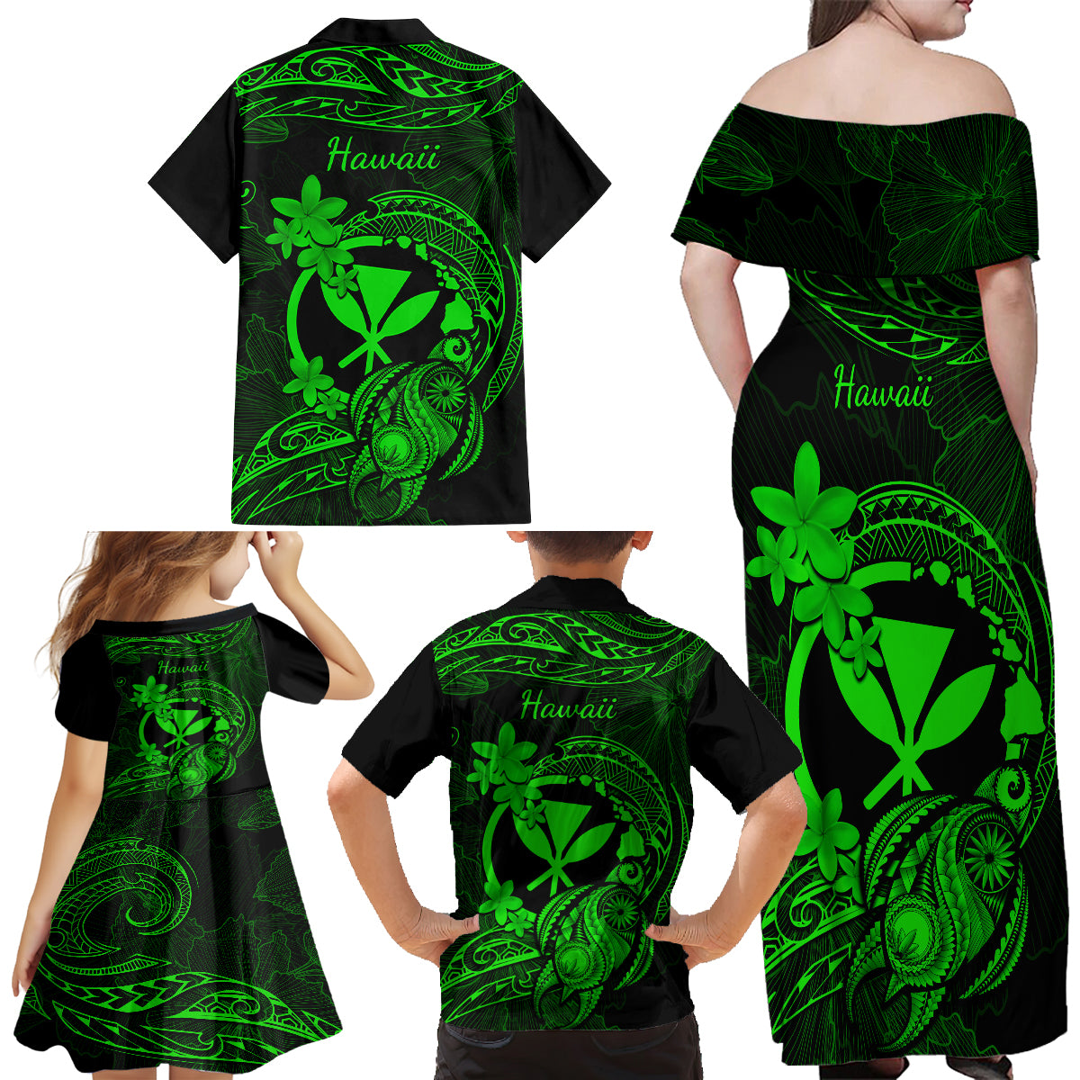 hawaii-family-matching-off-shoulder-long-sleeve-dress-and-hawaiian-shirt-turtle-mix-polynesian-plumeria-green-version