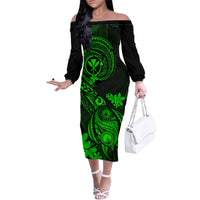 hawaii-family-matching-off-shoulder-long-sleeve-dress-and-hawaiian-shirt-turtle-mix-polynesian-plumeria-green-version