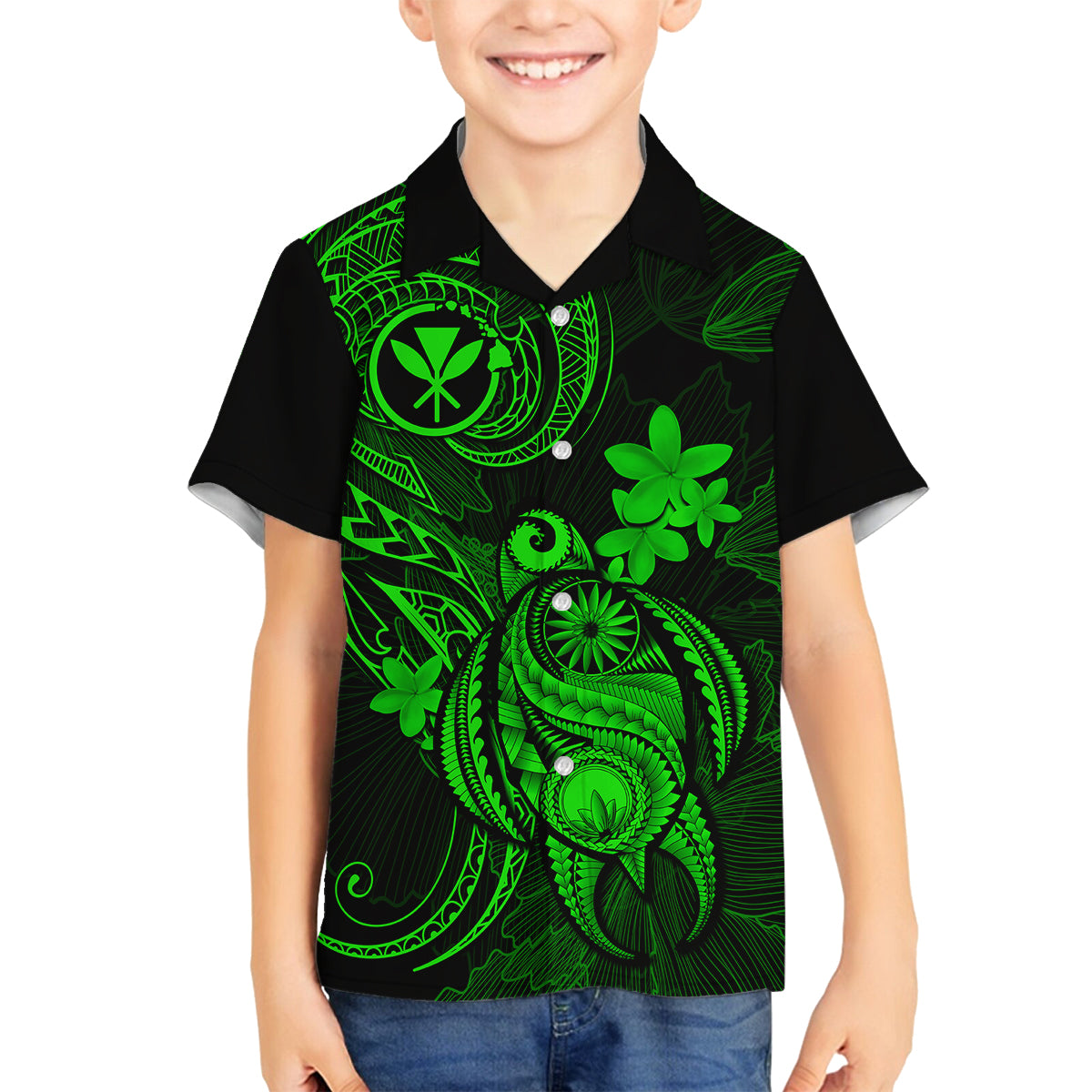 Hawaii Family Matching Off Shoulder Maxi Dress and Hawaiian Shirt Turtle Mix Polynesian Plumeria Green Version LT14 Son's Shirt Green - Polynesian Pride