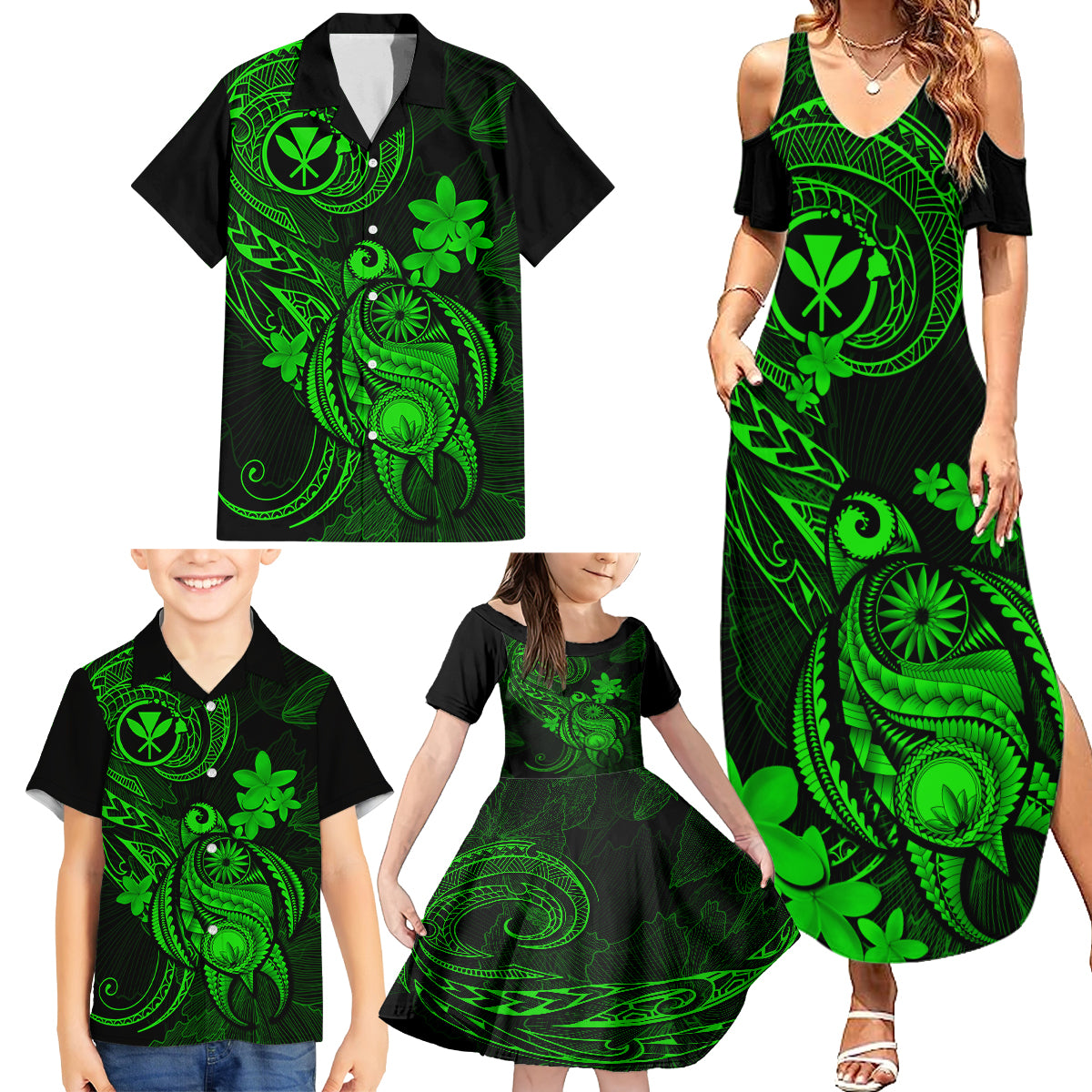 Hawaii Family Matching Summer Maxi Dress and Hawaiian Shirt Turtle Mix Polynesian Plumeria Green Version LT14 - Polynesian Pride