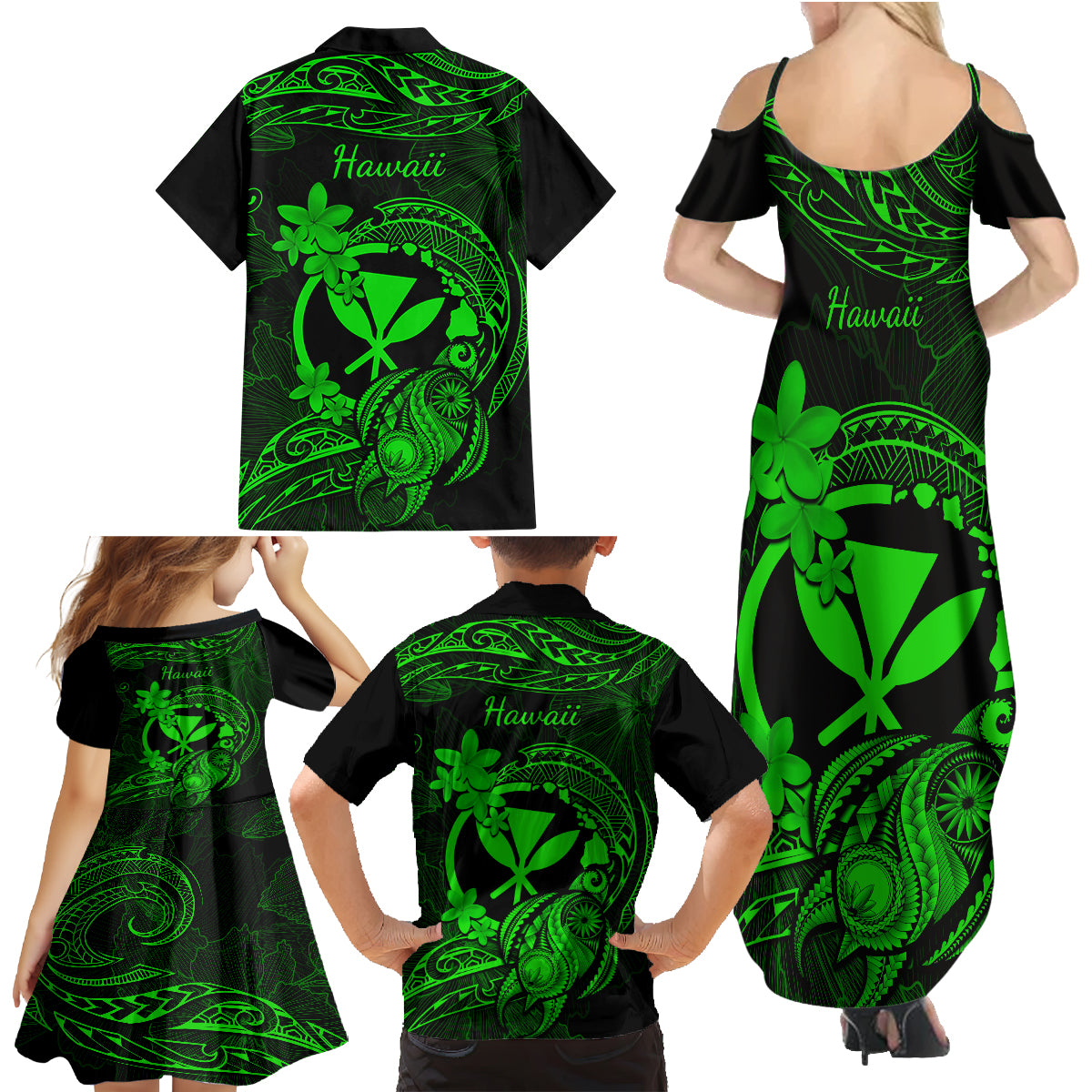 Hawaii Family Matching Summer Maxi Dress and Hawaiian Shirt Turtle Mix Polynesian Plumeria Green Version LT14 - Polynesian Pride