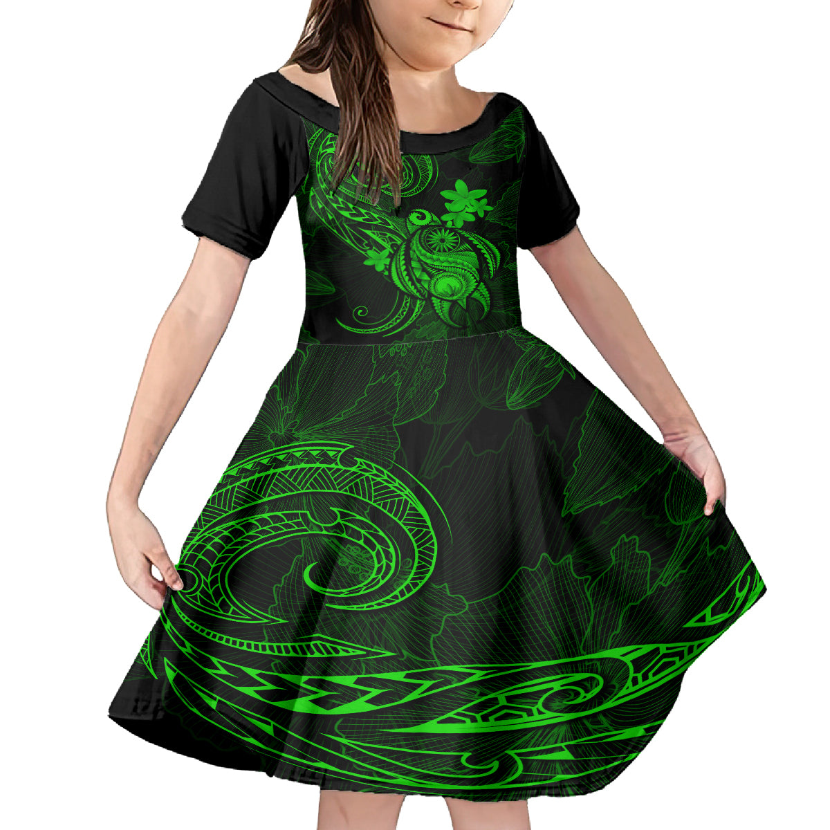 Hawaii Family Matching Summer Maxi Dress and Hawaiian Shirt Turtle Mix Polynesian Plumeria Green Version LT14 Mom's Dress Green - Polynesian Pride