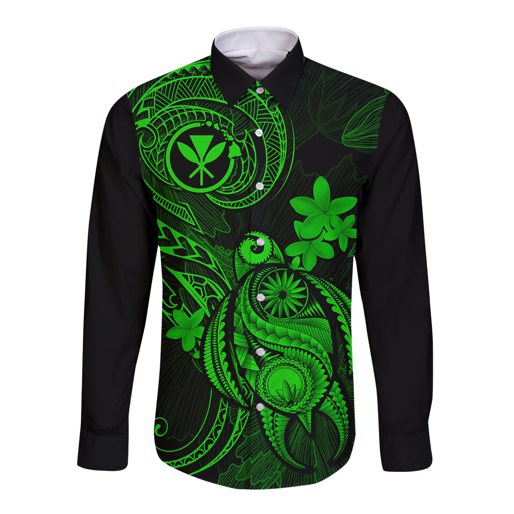 hawaii-long-sleeve-button-shirt-turtle-mix-polynesian-plumeria-green-version