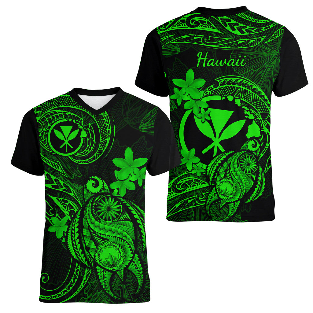 hawaii-women-v-neck-t-shirt-turtle-mix-polynesian-plumeria-green-version