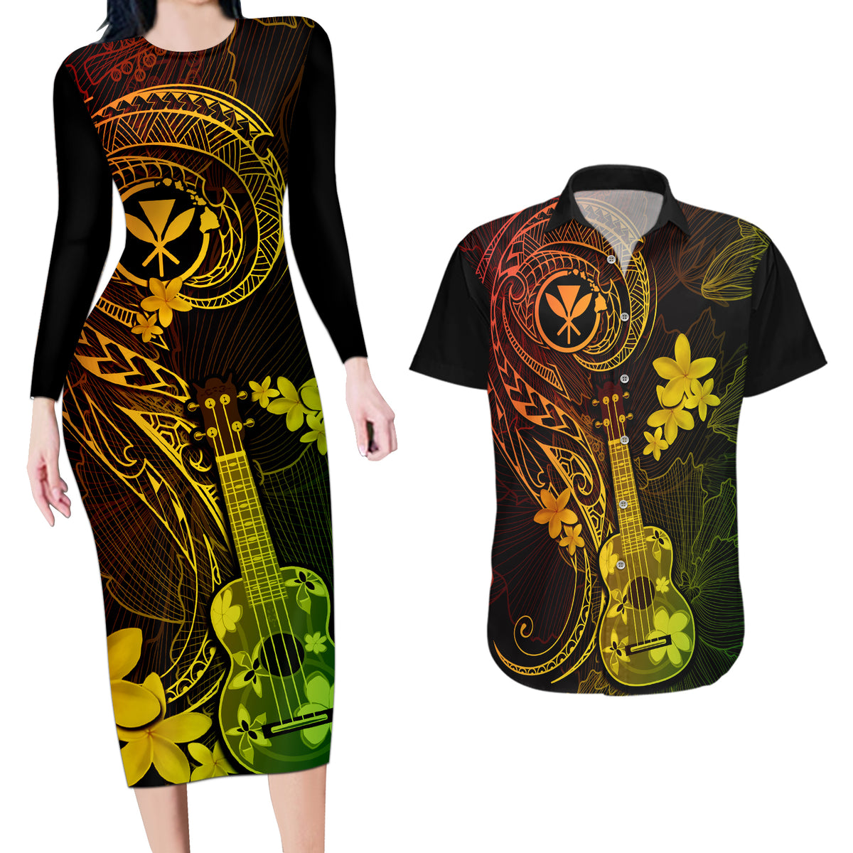 Hawaii Couples Matching Long Sleeve Bodycon Dress and Hawaiian Shirt Ukulele Mix Polynesian Plumeria Reggae Version LT14 Reggae - Polynesian Pride