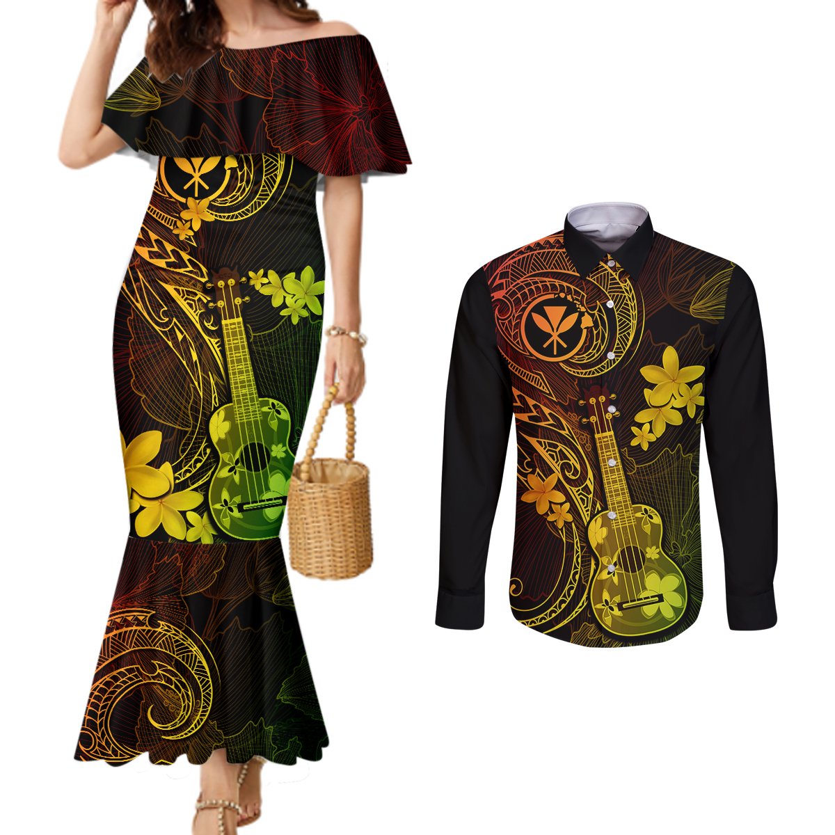 hawaii-couples-matching-mermaid-dress-and-long-sleeve-button-shirts-ukulele-mix-polynesian-plumeria-reggae-version