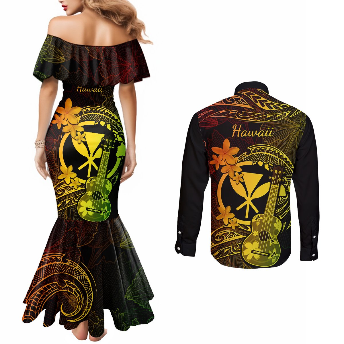 hawaii-couples-matching-mermaid-dress-and-long-sleeve-button-shirts-ukulele-mix-polynesian-plumeria-reggae-version