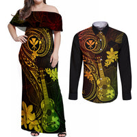 hawaii-couples-matching-off-shoulder-maxi-dress-and-long-sleeve-button-shirts-ukulele-mix-polynesian-plumeria-reggae-version