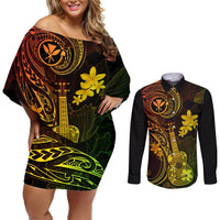 hawaii-couples-matching-off-shoulder-short-dress-and-long-sleeve-button-shirts-ukulele-mix-polynesian-plumeria-reggae-version