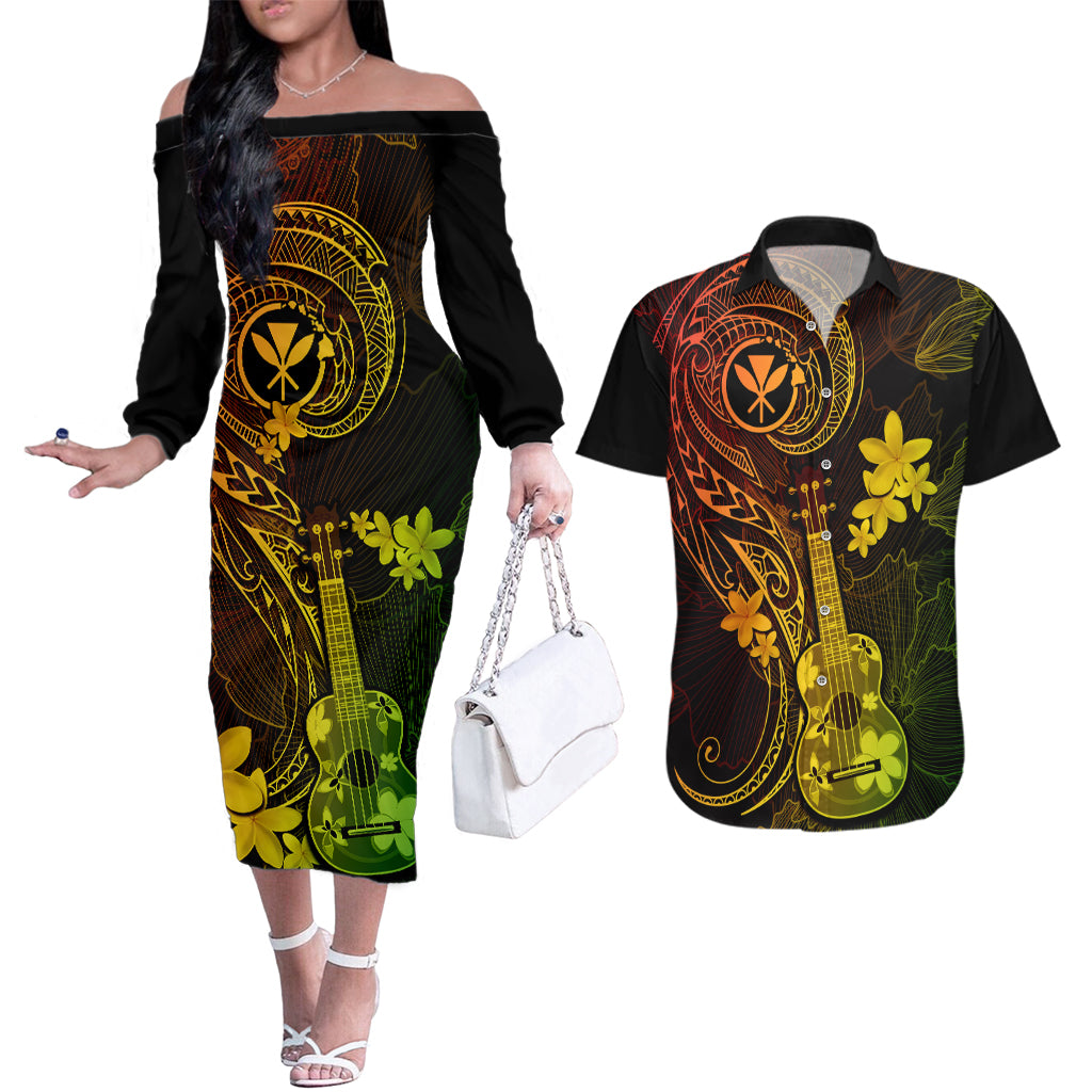 hawaii-couples-matching-off-the-shoulder-long-sleeve-dress-and-hawaiian-shirt-ukulele-mix-polynesian-plumeria-reggae-version