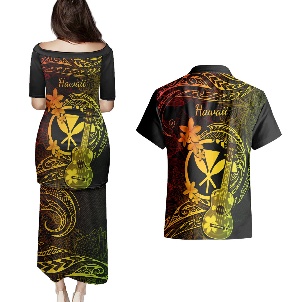 Hawaii Couples Matching Puletasi Dress and Hawaiian Shirt Ukulele Mix Polynesian Plumeria Reggae Version LT14 - Polynesian Pride