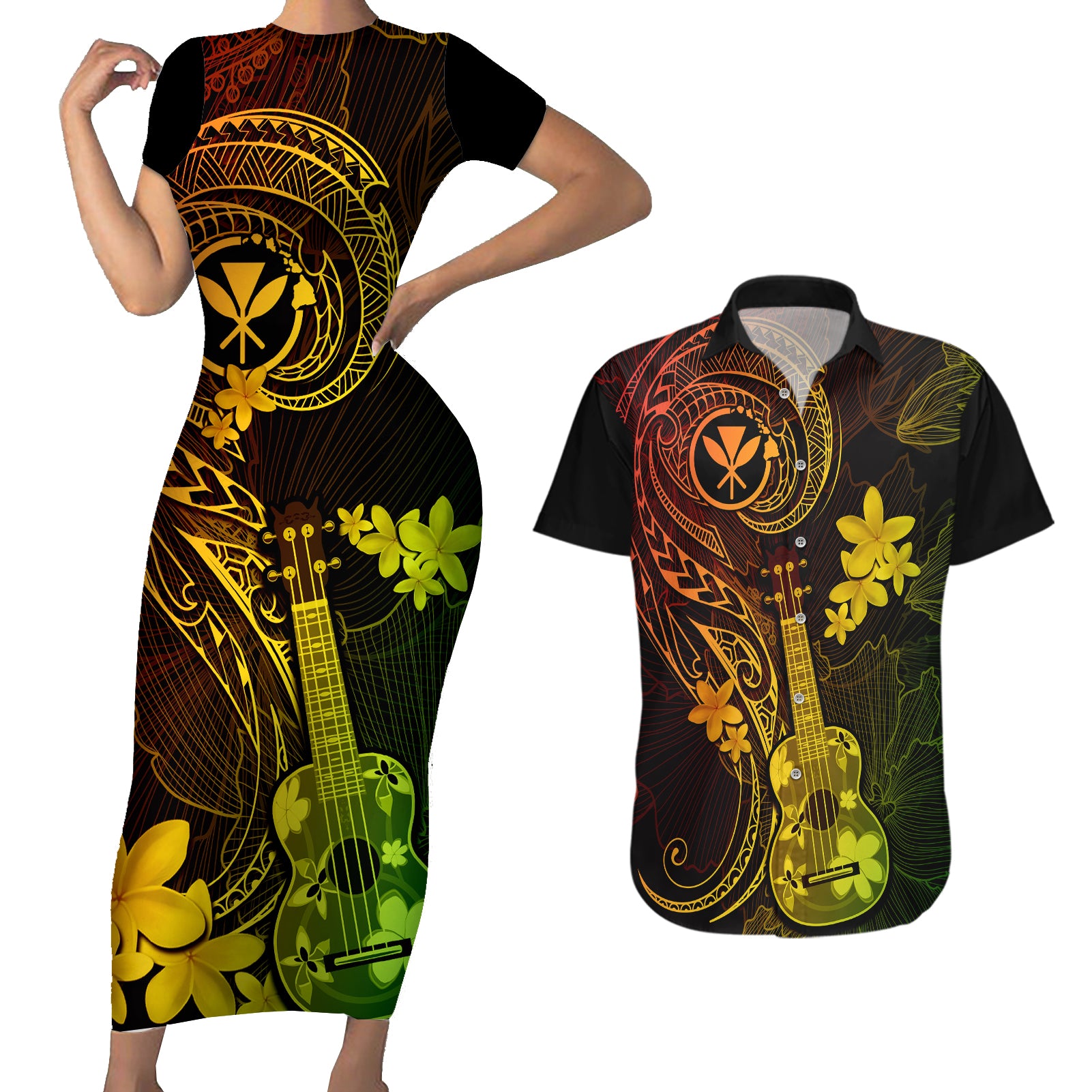 hawaii-couples-matching-short-sleeve-bodycon-dress-and-hawaiian-shirt-ukulele-mix-polynesian-plumeria-reggae-version