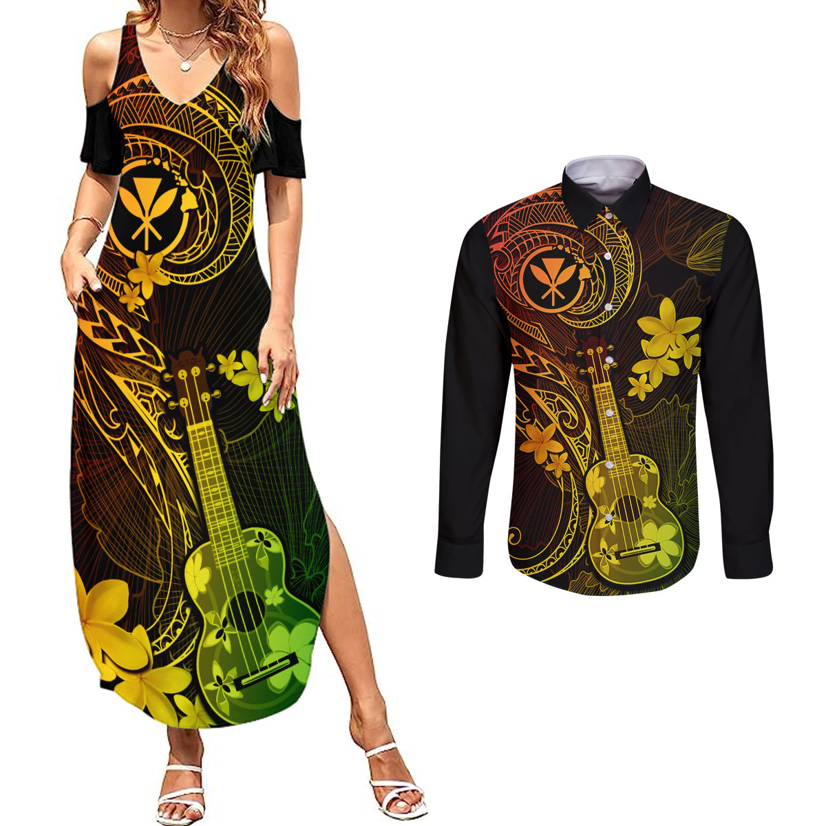 hawaii-couples-matching-summer-maxi-dress-and-long-sleeve-button-shirts-ukulele-mix-polynesian-plumeria-reggae-version