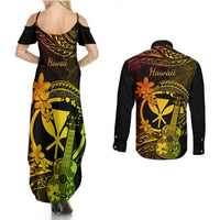 Hawaii Couples Matching Summer Maxi Dress and Long Sleeve Button Shirts Ukulele Mix Polynesian Plumeria Reggae Version LT14 - Polynesian Pride